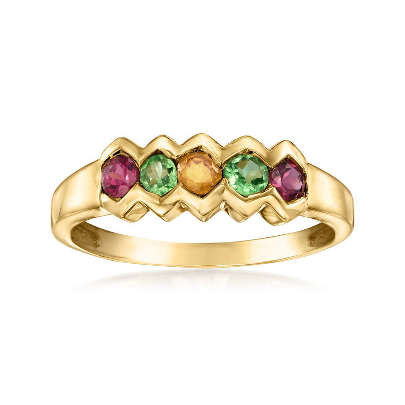 14kt yellow gold vintage ring with pink and green gemstone row, scalloped setting