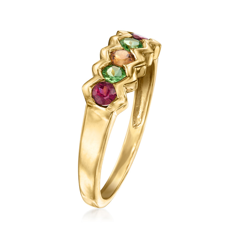 14kt yellow gold multi-gemstone vintage ring with pink and green stones in openwork