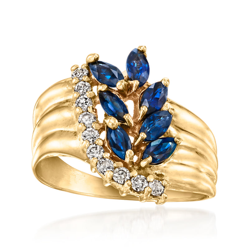 14kt yellow gold vintage ring with oval blue sapphires and round white diamonds
