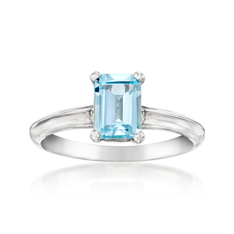 Platinum solitaire ring with rectangular sky-blue topaz and four-prong setting