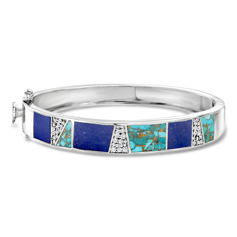 Sterling silver bracelet with turquoise and lapis inlay and white topaz accents