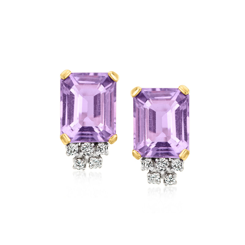 Amethyst and diamond stud earrings in yellow gold, cushion-cut purple stones with diamond accents