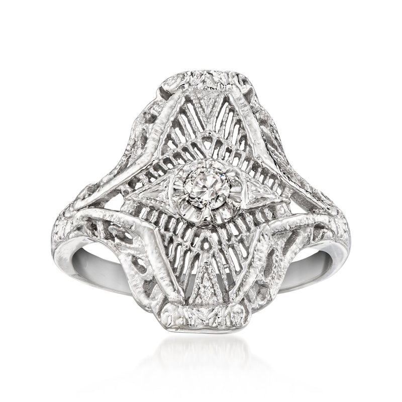 Vintage diamond openwork ring with round center stone, lattice filigree, 14kt white gold