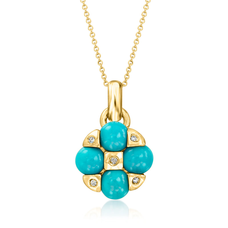 18kt yellow gold necklace with round turquoise cabochon and diamond accents pendant