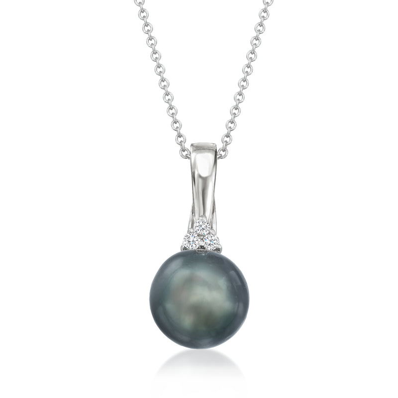 Silver-tone chain pendant necklace with dark round cultured pearl and small diamond accents