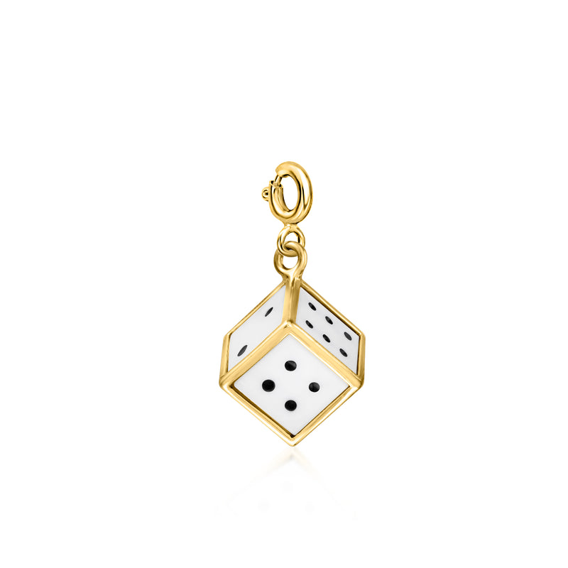 Gold-tone dice charm with white face and black pips, hinged loop for attachment