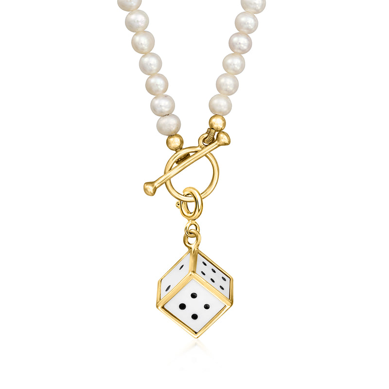 Pearl-bead necklace with gold-tone toggle clasp and dangling dice charm with white face