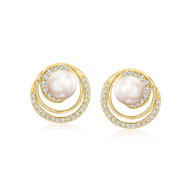 Gold swirl stud earrings with round cultured pearl and diamond-like accents, post back