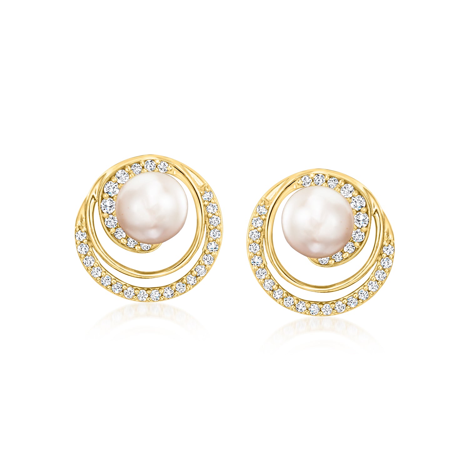 6mm Cultured Pearl Swirl Earrings with .23 ct. t.w. Lab Grown Diamonds in 18kt Gold Over Sterling