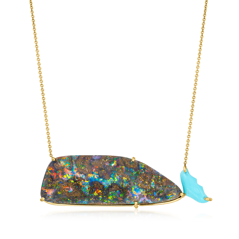Opal-style whale pendant necklace with blue howlite tail and 18kt yellow gold chain