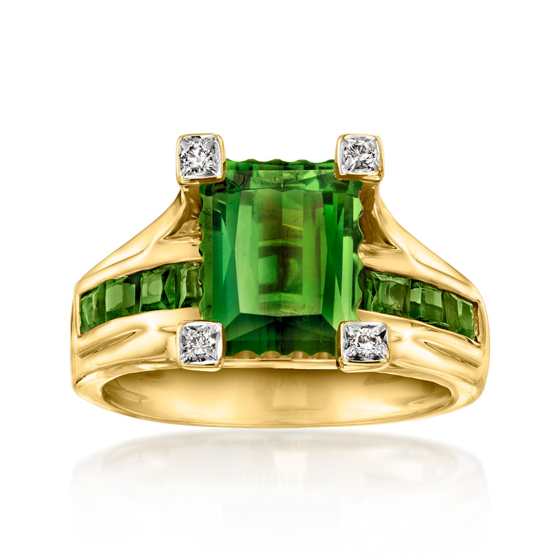 Green tourmaline and diamond-accented 18kt yellow gold ring, square halo setting