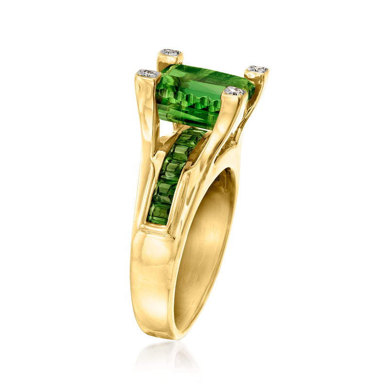 18kt yellow gold ring with rectangular green tourmaline and diamond corner stones
