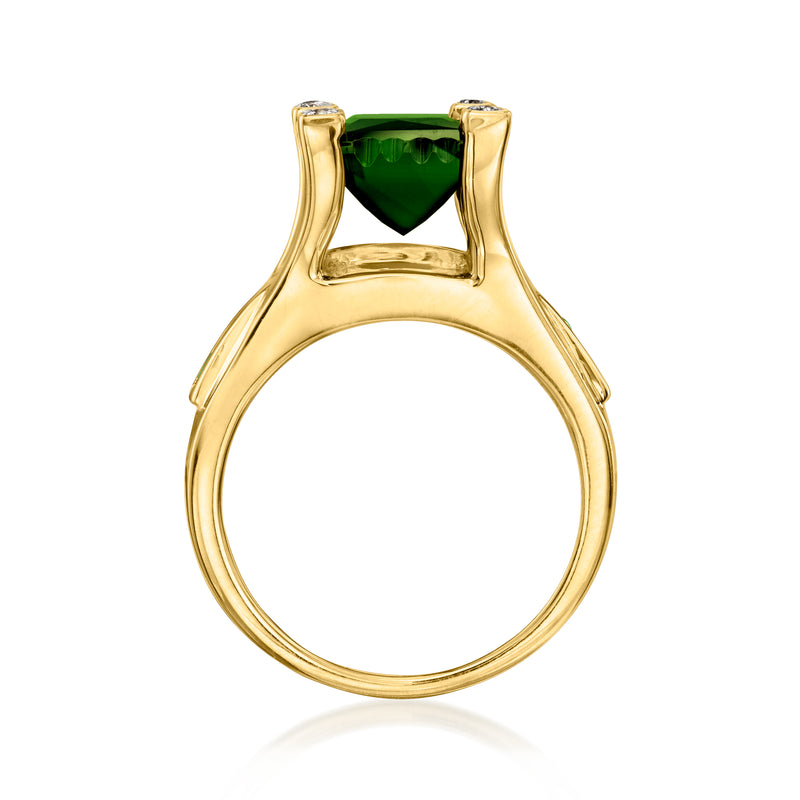 18kt yellow gold green tourmaline ring with four-prong top setting and side shoulders