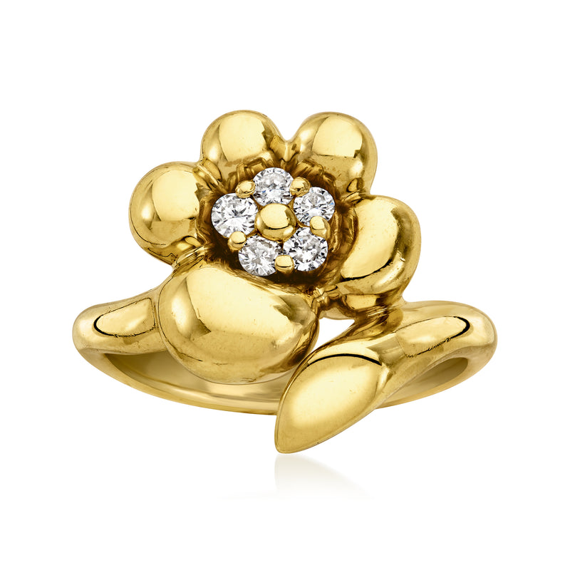 18kt yellow gold flower diamond ring with round center and clustered sparkling stones