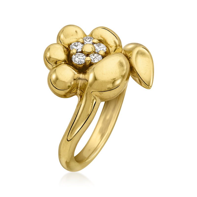 Yellow gold flower ring with diamond center and petal-like lobes, open profile