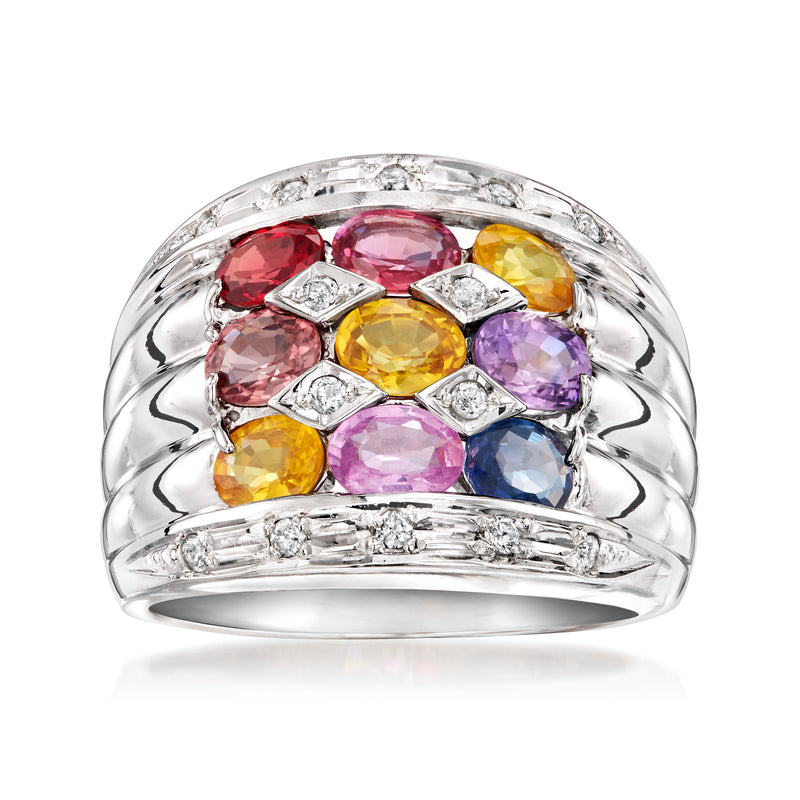 Multicolored sapphire and diamond ring, raised oval stone cluster on white gold band