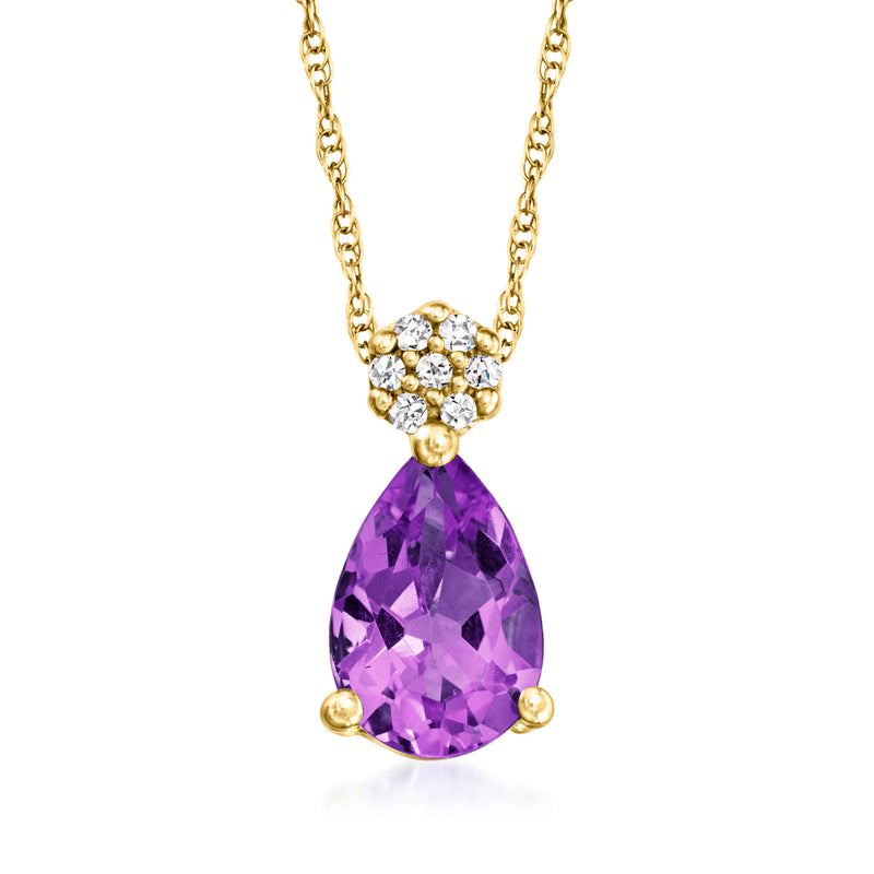Amethyst pendant necklace with diamond accents and pear-cut amethyst on gold chain
