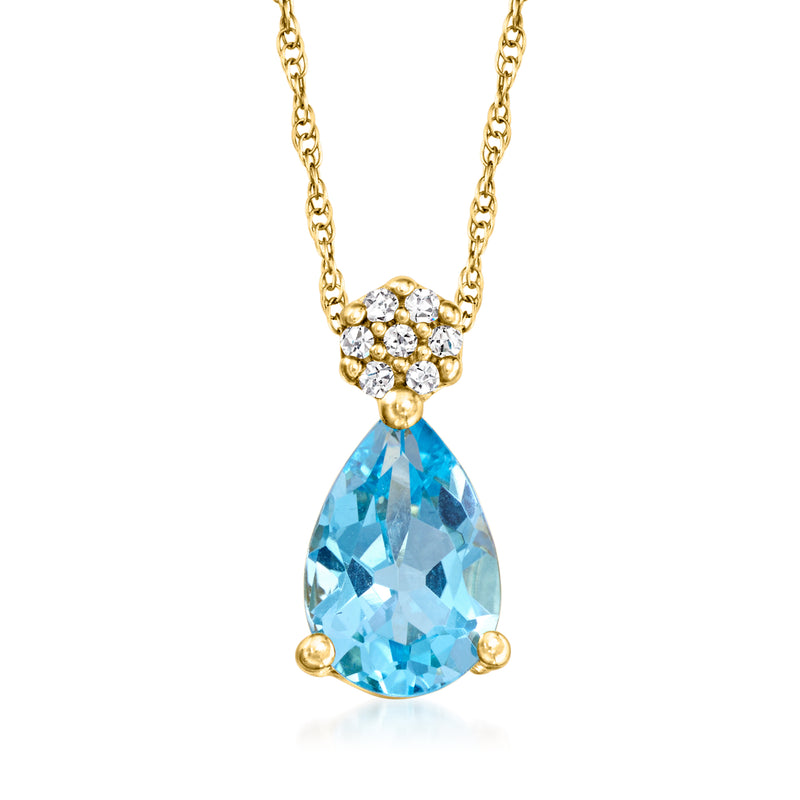 10kt yellow gold pendant necklace with blue Swiss topaz, diamond cluster, teardrop setting