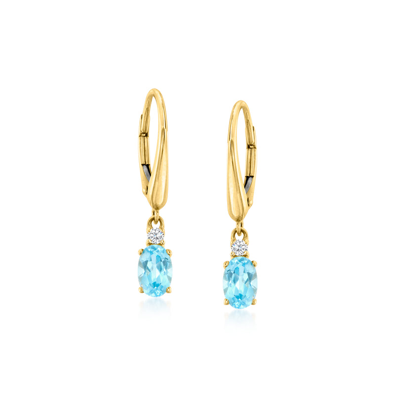 10kt yellow gold leverback drop earrings with blue topaz and tiny diamond accents