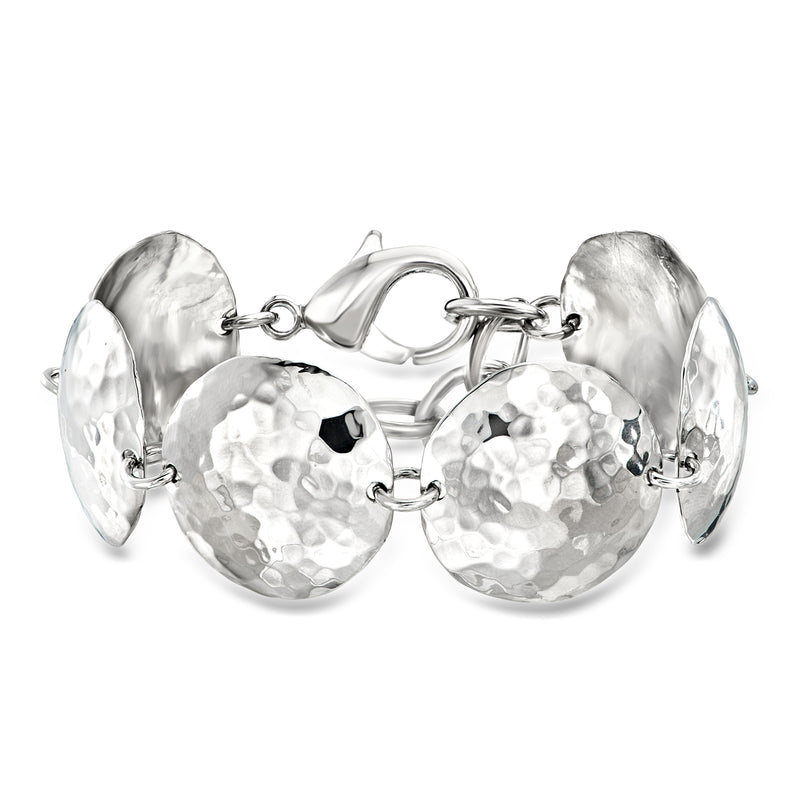 Rhodium-plated hammered disc-link bracelet with three textured round discs and clasp