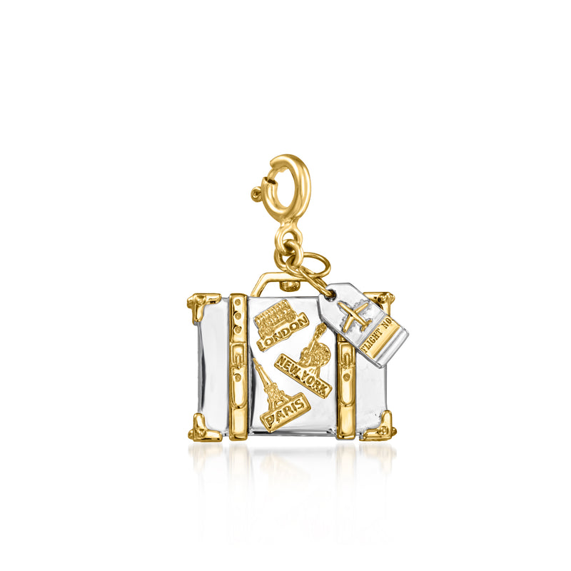 Gold-tone suitcase travel luggage charm with Paris, London, New York details and clasp bail