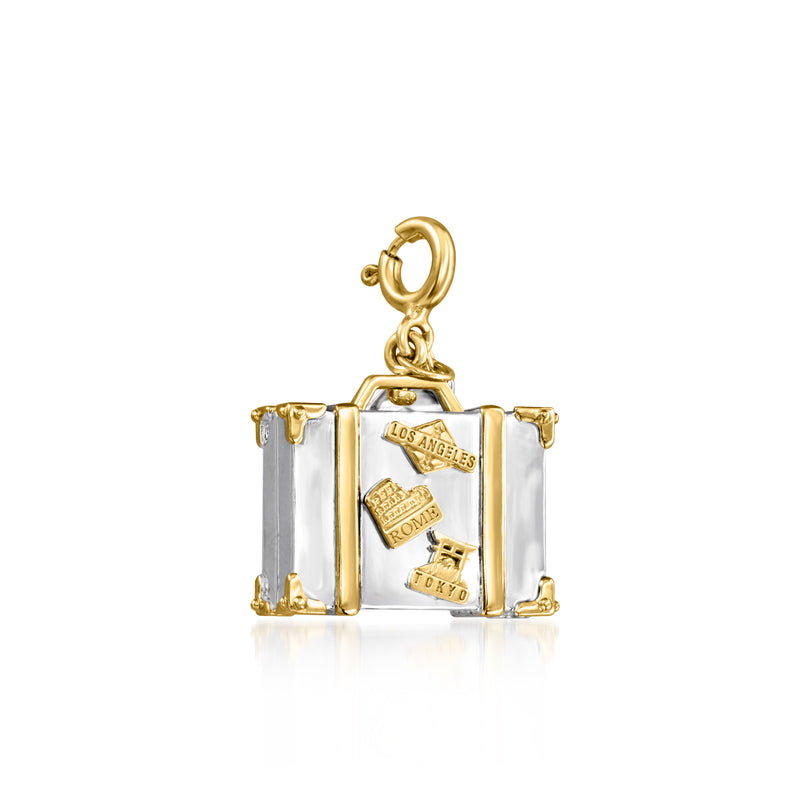 Gold-tone suitcase travel charm with Los Angeles and New York city text center