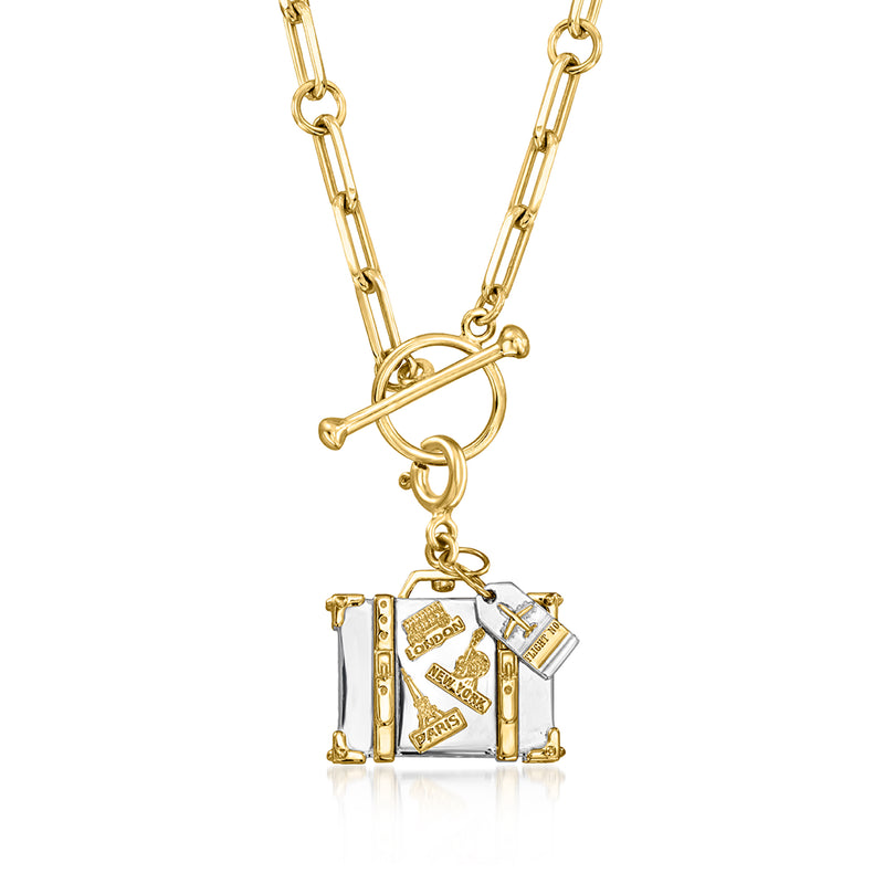 Gold-tone chain necklace featuring travel suitcase luggage charm pendant with city markings