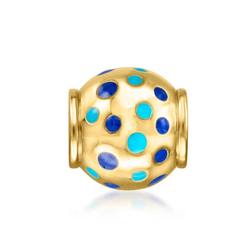 Gold bead charm with blue and turquoise enamel dot pattern, 18kt gold over sterling