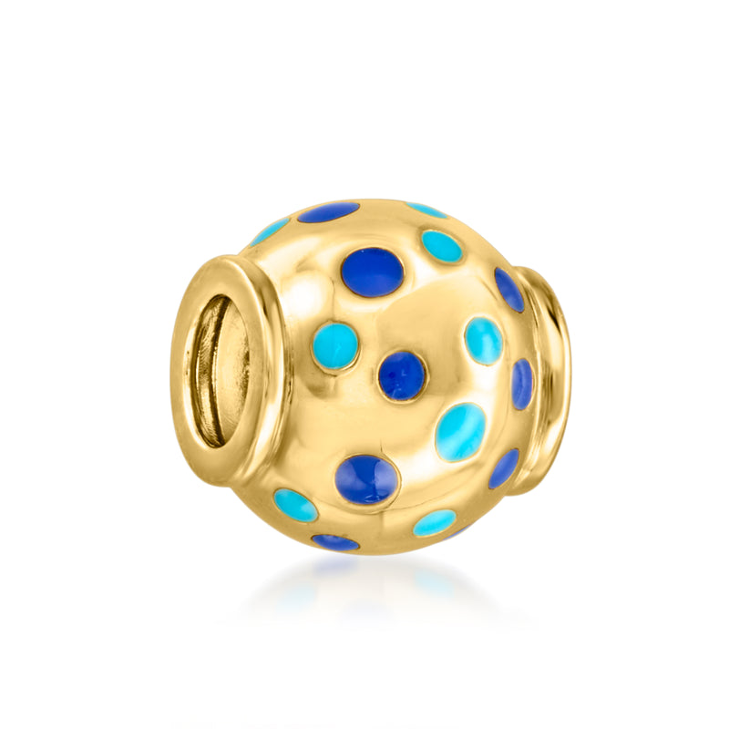Gold bead charm with blue and turquoise enamel dots and cylindrical clasp ends