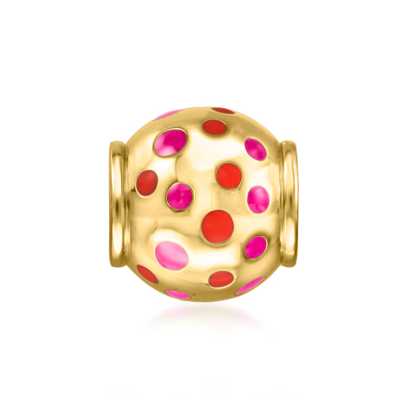 Gold bead charm with red and pink enamel dotted pattern, cylindrical loop ends