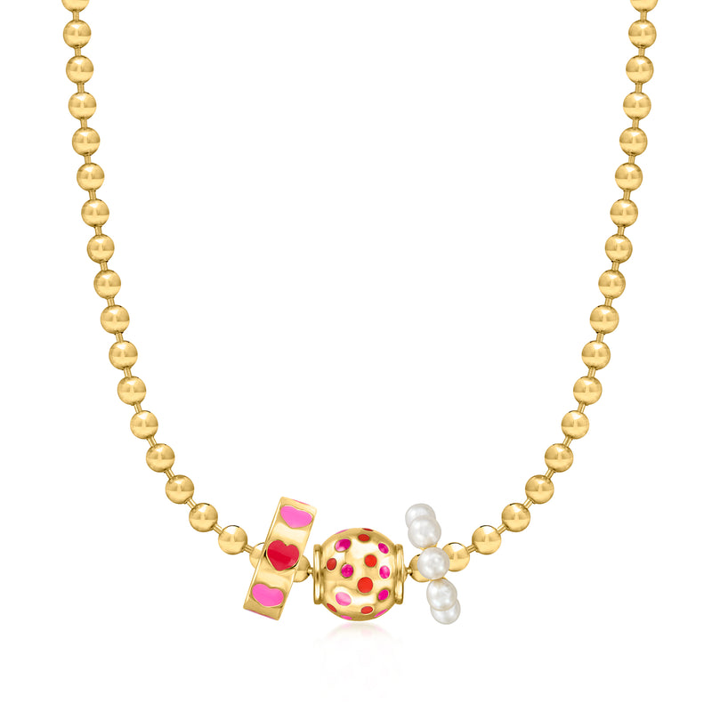 Gold beaded necklace with dangling red and pink enamel dotted charm bead and pearls