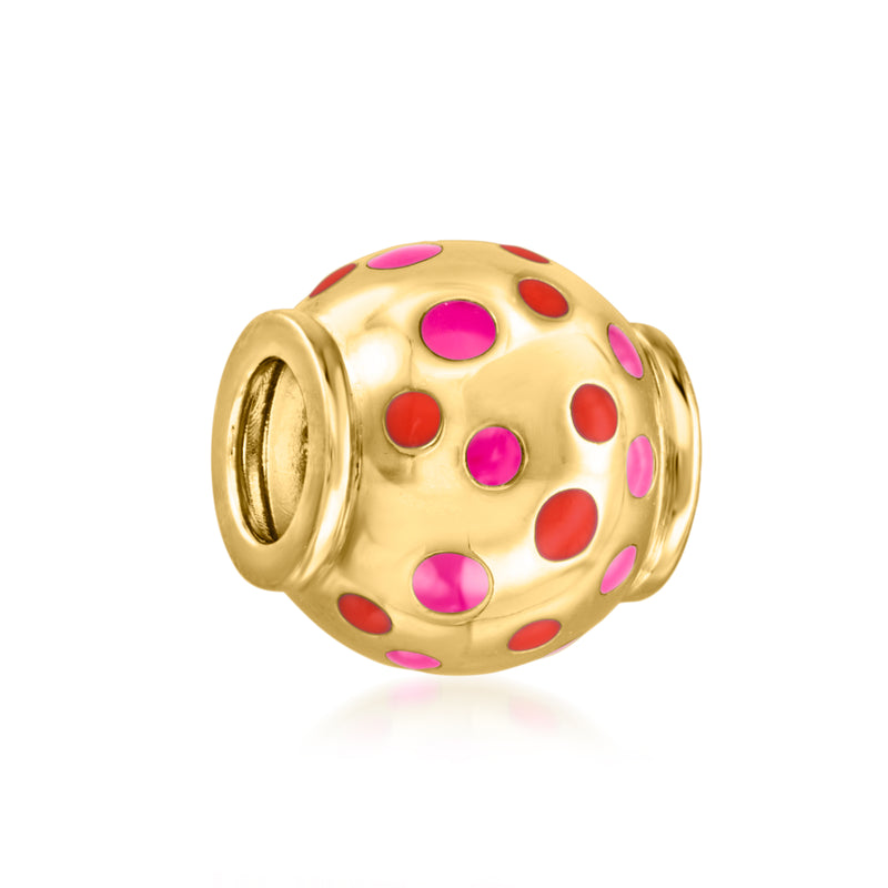 Gold bead charm with red and pink enamel dots, side view of cylindrical loop opening