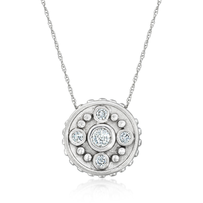 14kt white gold diamond pendant necklace with circular halo design