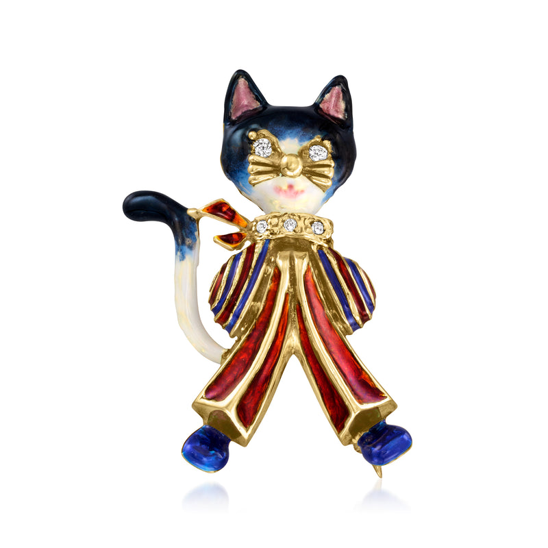 Cat enamel pin with multicolor striped outfit, gold-tone trim, and diamond-like stones