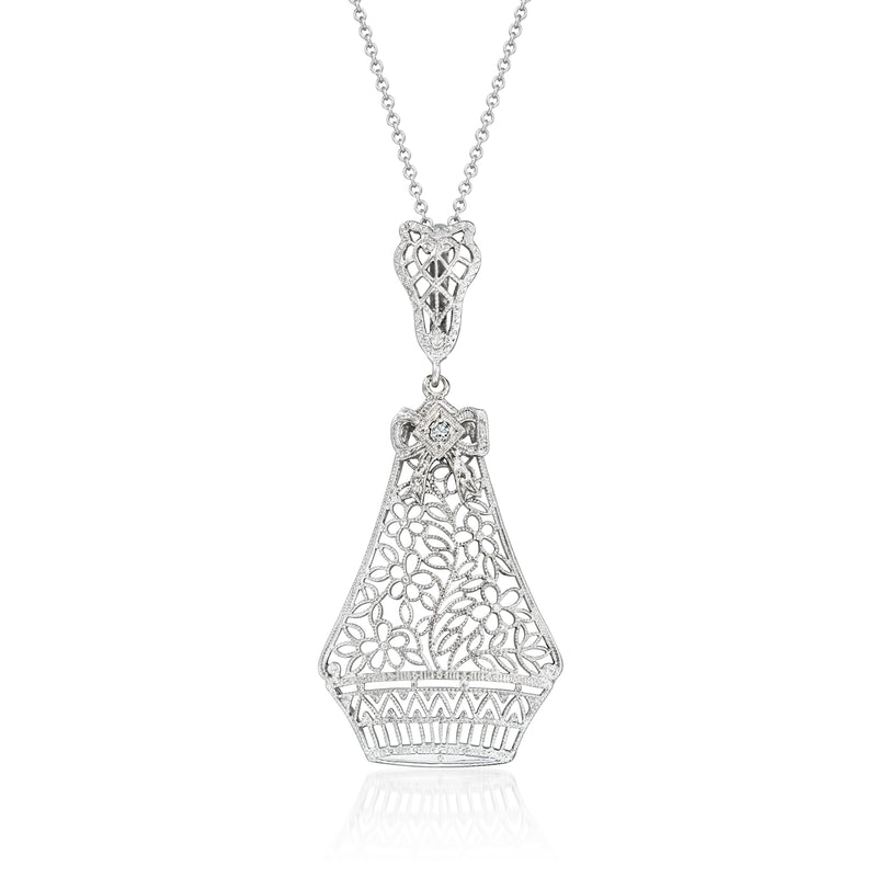 14kt white gold filigree pendant necklace with single diamond, teardrop drop pendant