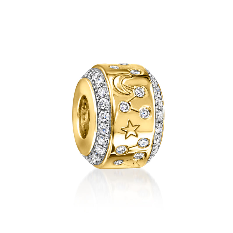 Celestial bead charm with star and crescent motifs in gold over sterling, diamond border