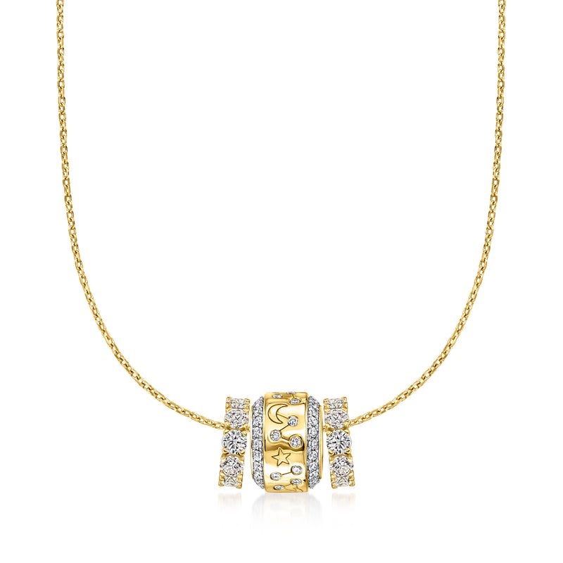 Celestial bead charm necklace on a gold chain with diamond accents on the centered charm