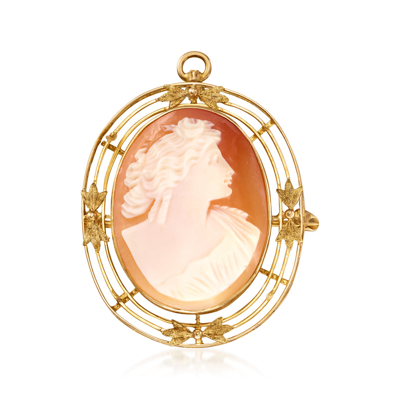 10kt yellow gold cameo pendant with oval brown shell frame and halo filigree