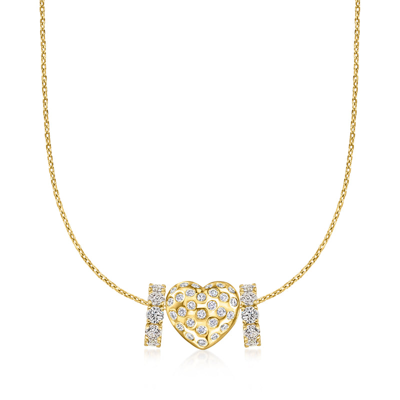 Puffy heart diamond charm pendant in 18kt gold over sterling on chain