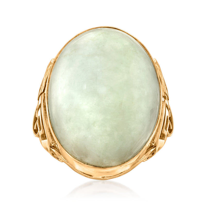 Oval jade cabochon vintage ring in 14kt yellow gold, openwork band