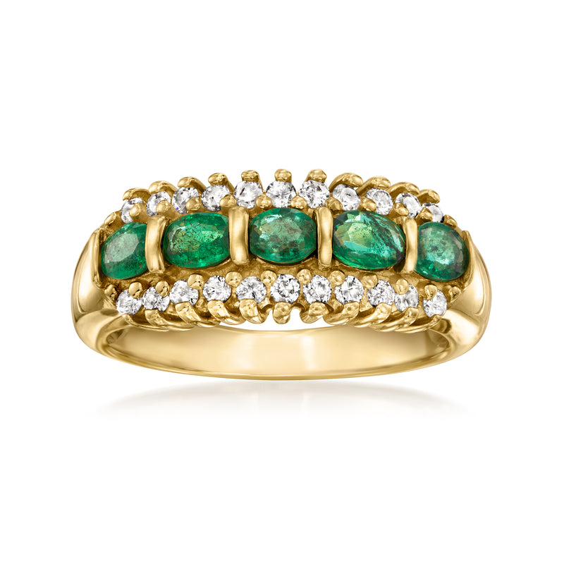 Vintage 14kt yellow gold ring with five emeralds and diamond rows