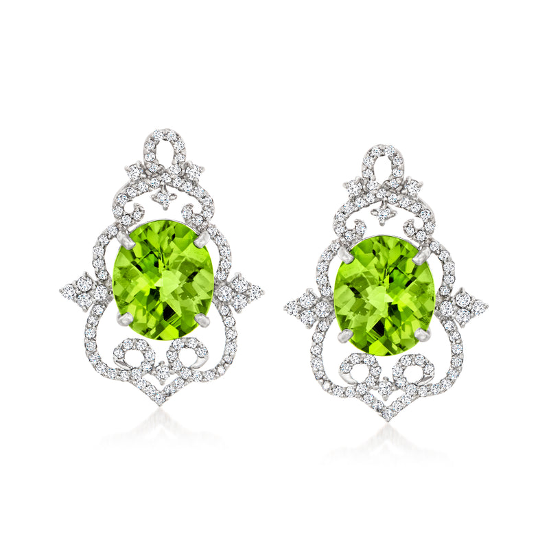 Platinum peridot and diamond vintage post earrings, oval green gemstone with halo