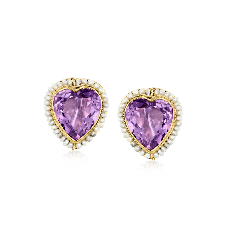 Heart-shaped amethyst clip-on earrings with pearl halo in yellow gold settings