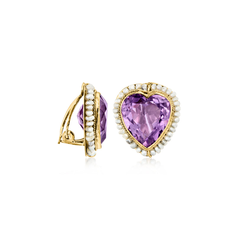 Heart amethyst clip-on earrings with pearl trim, yellow gold side and front view