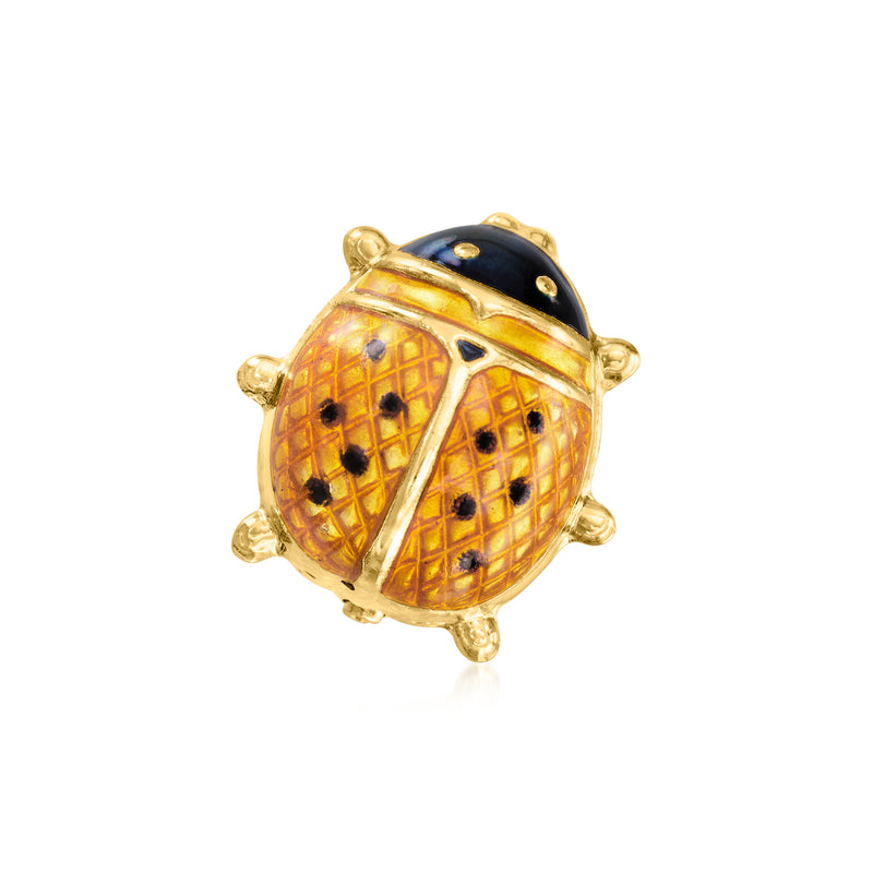 Ladybug enamel pin with yellow and black dots, set in gold-tone metal