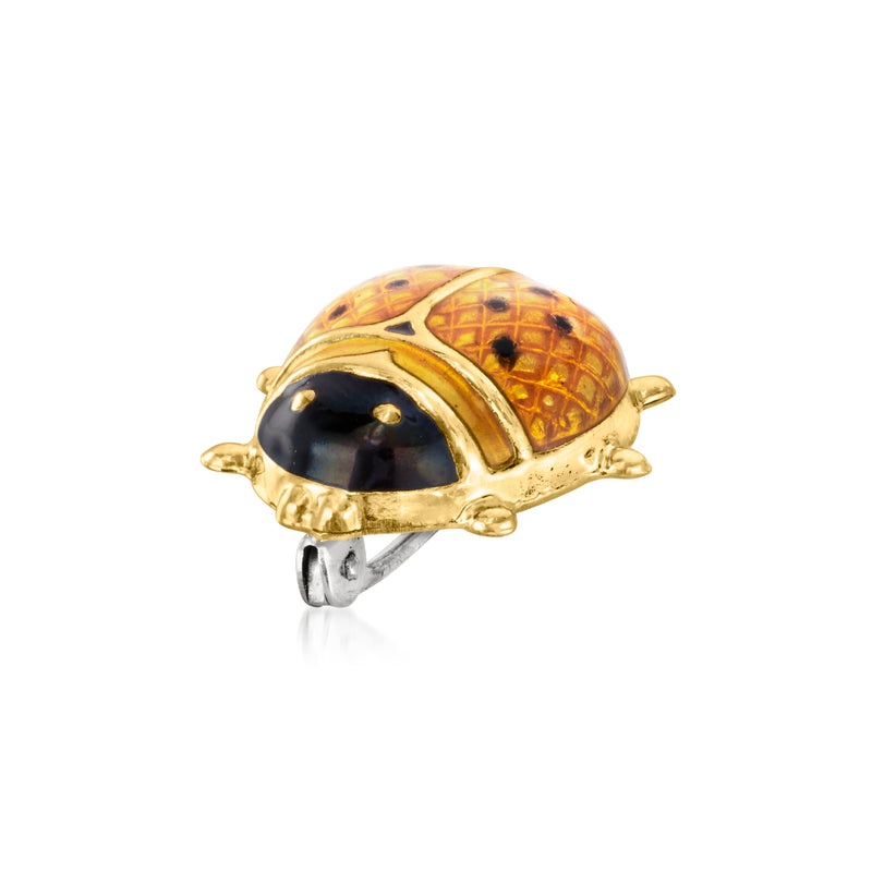 Ladybug enamel pin, yellow body with black spots, gold-tone frame and locking clasp