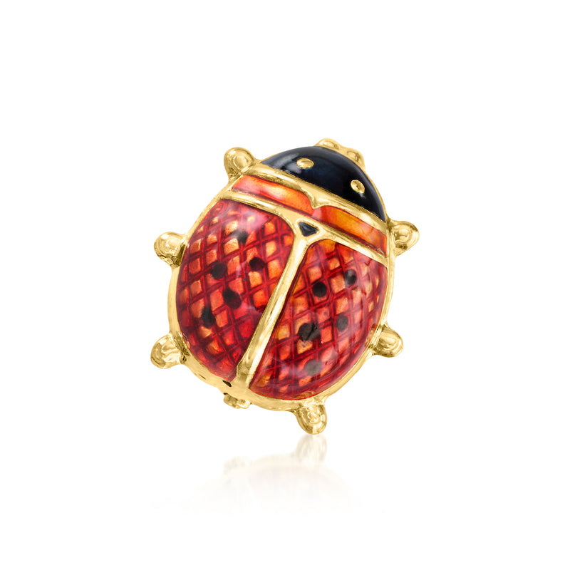 Ladybug enamel pin in yellow gold tone, red and black spotted design with raised body