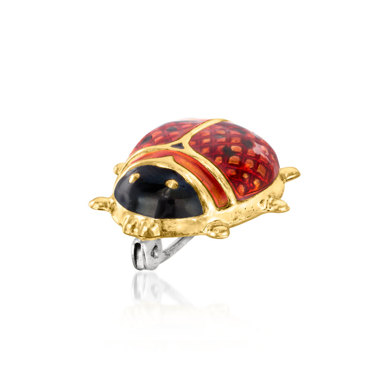 Ladybug enamel pin, red patterned wings and black head, yellow gold tone with prongs