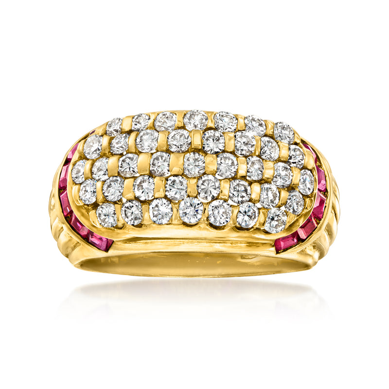 18kt yellow gold ring with pavé diamonds and ruby side accents