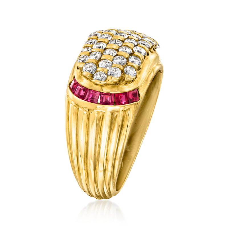 Vintage 18kt yellow gold ring with diamond top and ruby accent row